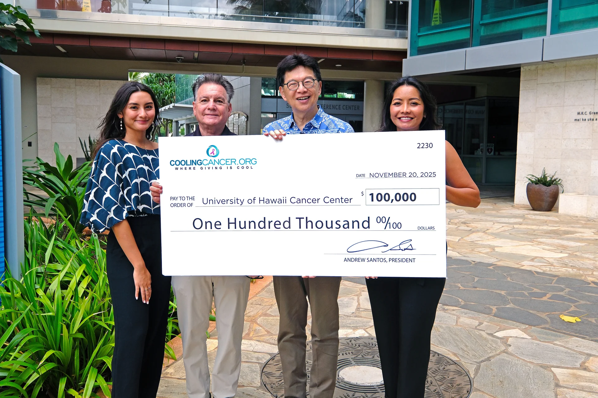 Cooling Cancer presents $100,000 to the University of Hawaiʻi Cancer Center on November 20, 2025