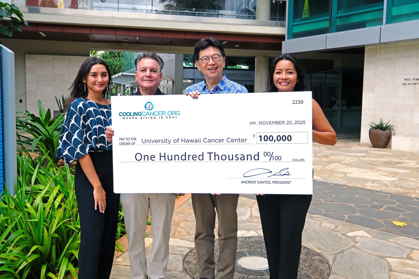 Cooling Cancer presents $100,000 to the University of Hawaiʻi Cancer Center on November 20, 2025